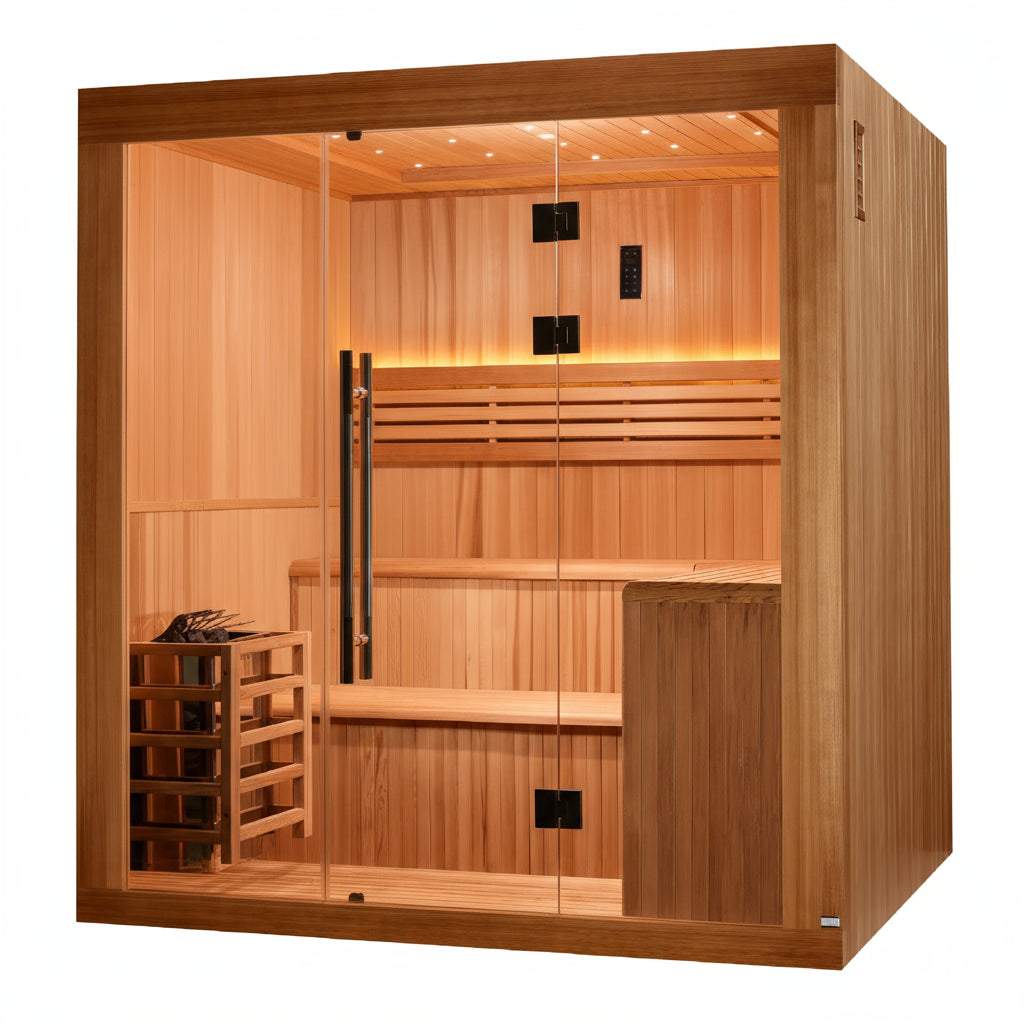 Angled view of the Golden Designs Osla Traditional Sauna