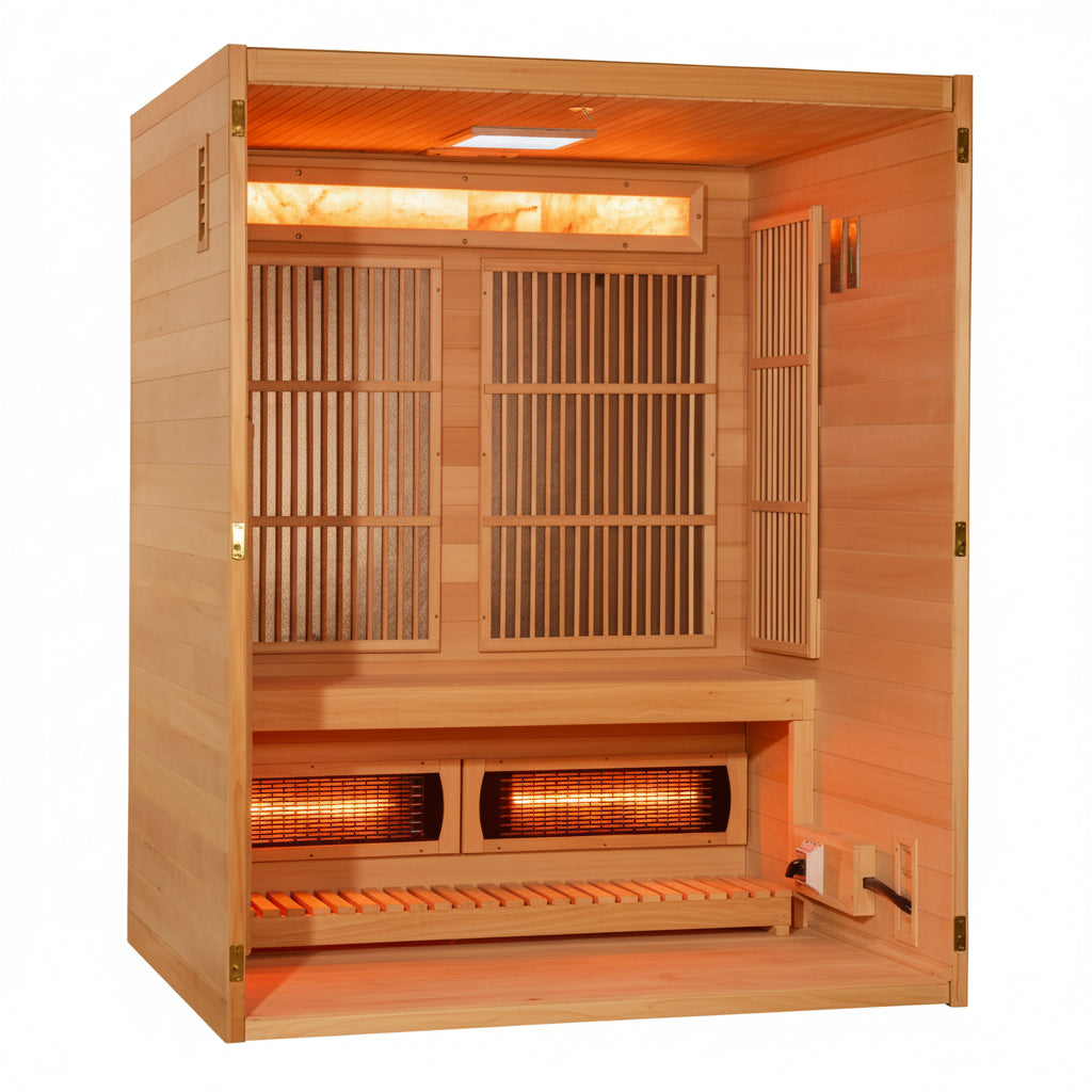 Wooden sauna with interior lights and heating elements on a white background