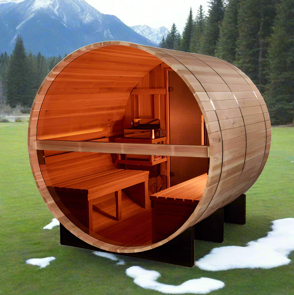 Back of a wooden barrel-shaped sauna with benches on a white background