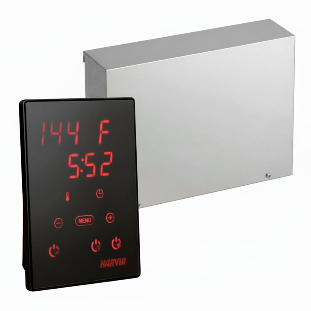 Harvia Xenio sauna control unit with a digital touch control panel displayed alongside its housing box.