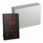Harvia Xenio sauna control unit with a digital touch control panel displayed alongside its housing box.