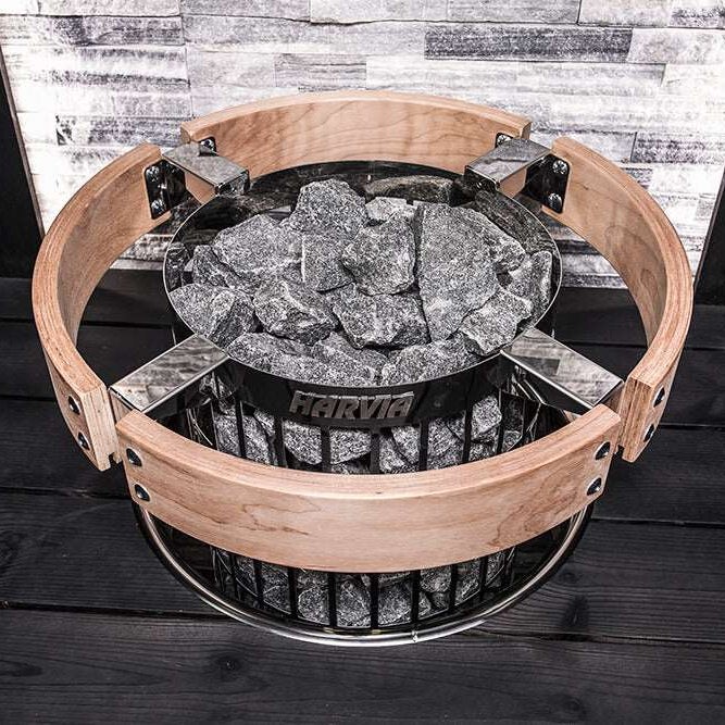 Harvia Cilindro Electric Sauna Heater in sauna with safety rail