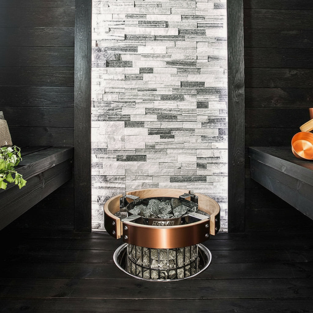 Harvia Cilindro Electric Sauna Heater with safety rail and sauna benches