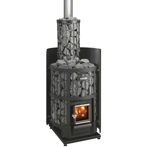 Wood-burning stove with stone design on a white background