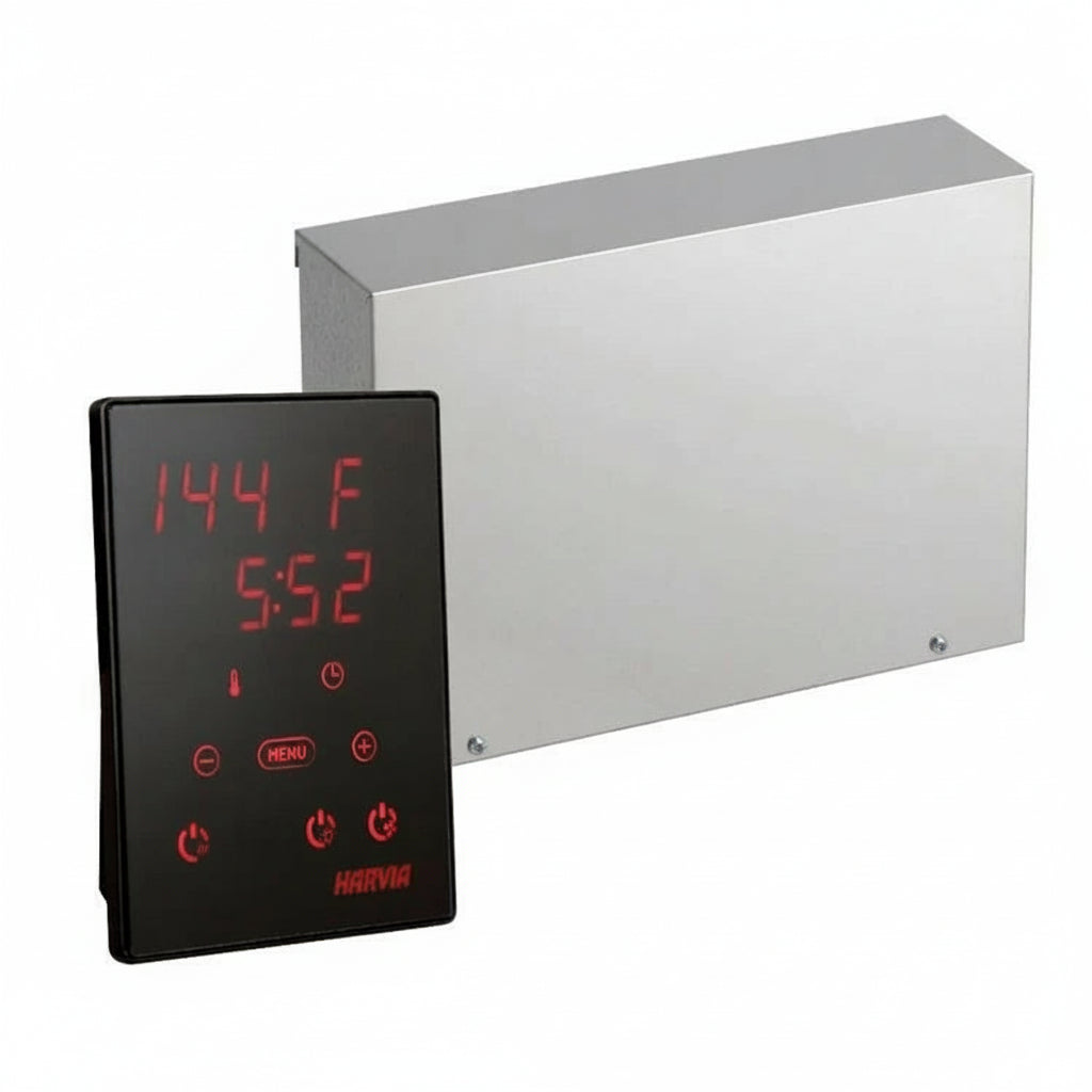 Harvia Xenio sauna control unit with a digital touch control panel displayed alongside its housing box.