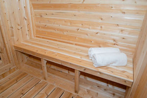 Inside of Canadian Timber Serenity CTC2245W Traditional Outdoor Barrel Sauna with Towels