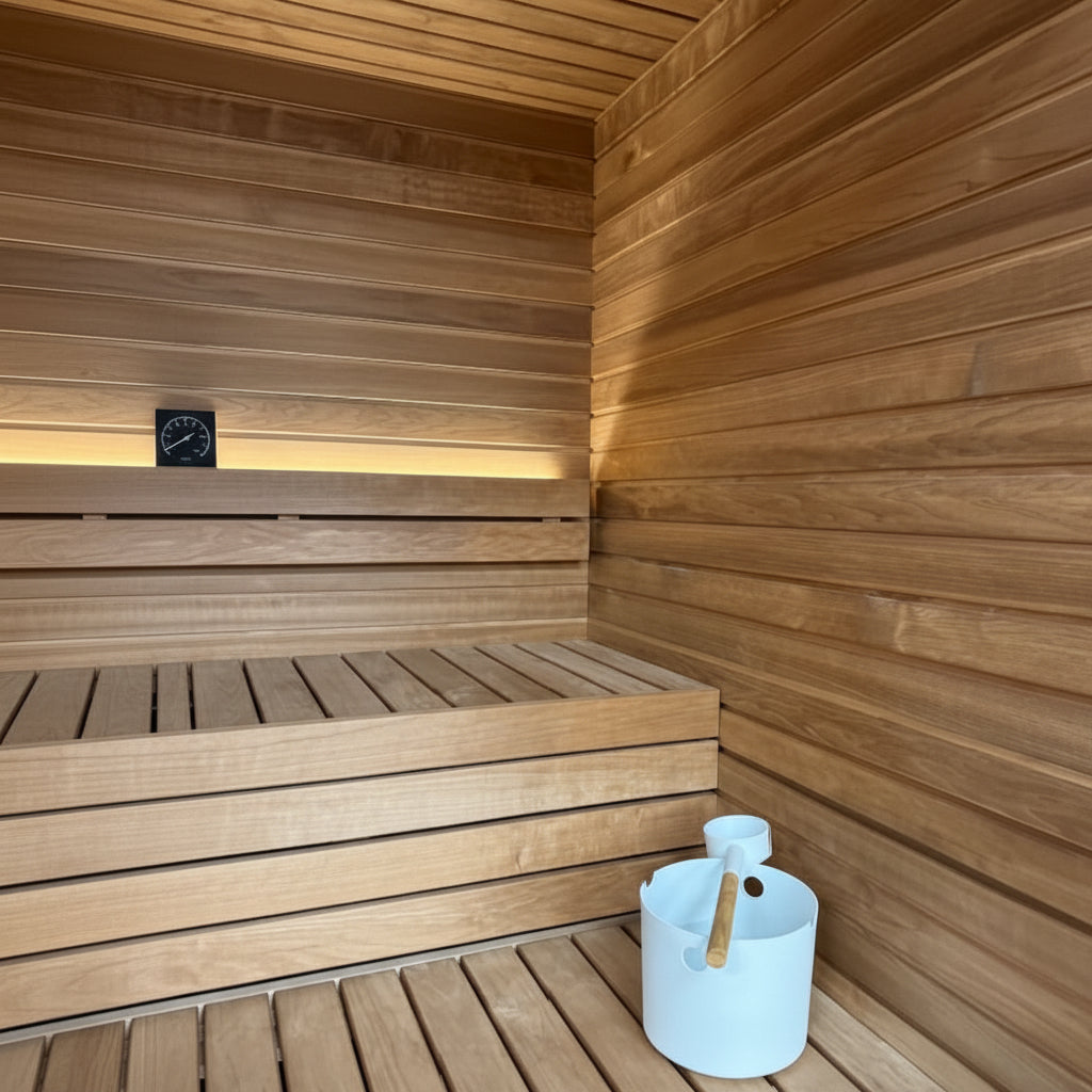Interior of Auroom Mira Outoor Sauna with bucket and ladle
