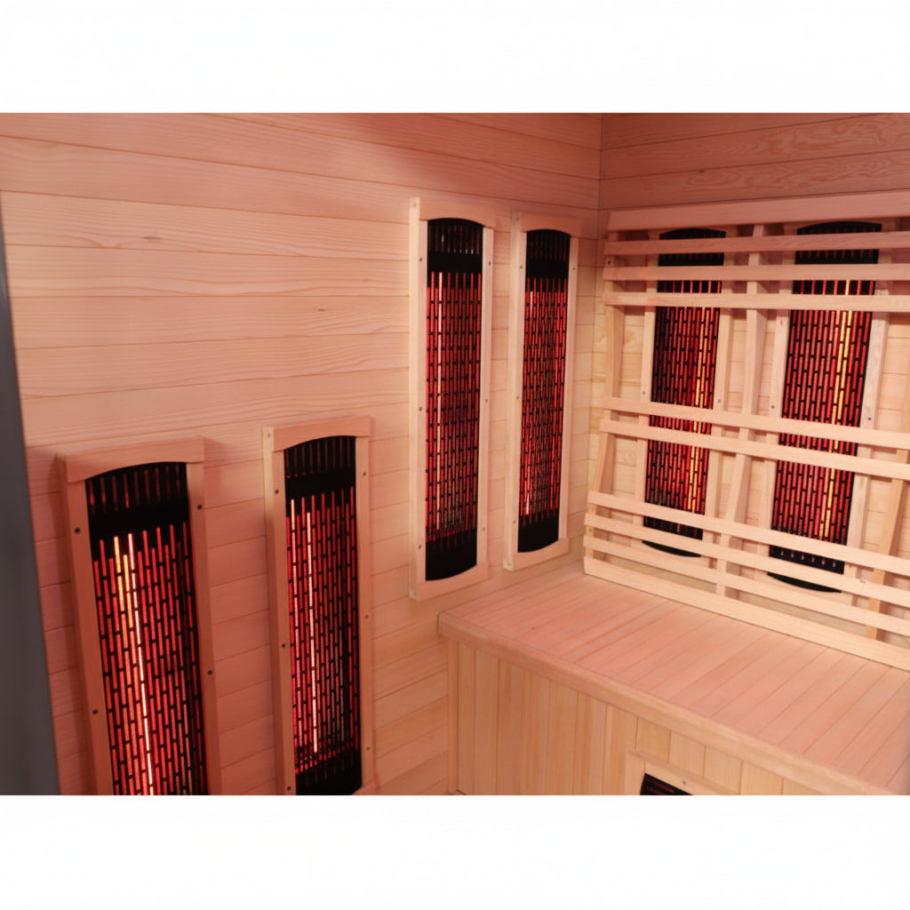 Wooden sauna with infrared heaters on a white background
