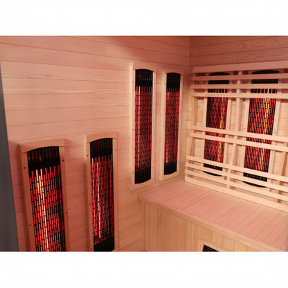 Wooden sauna with infrared heaters on a white background