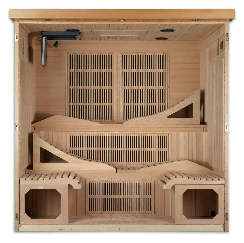 Wooden sauna with benches and ventilation grilles on a white background