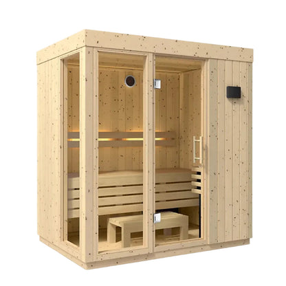 Kohler C1 3-person indoor sauna with floor angled view