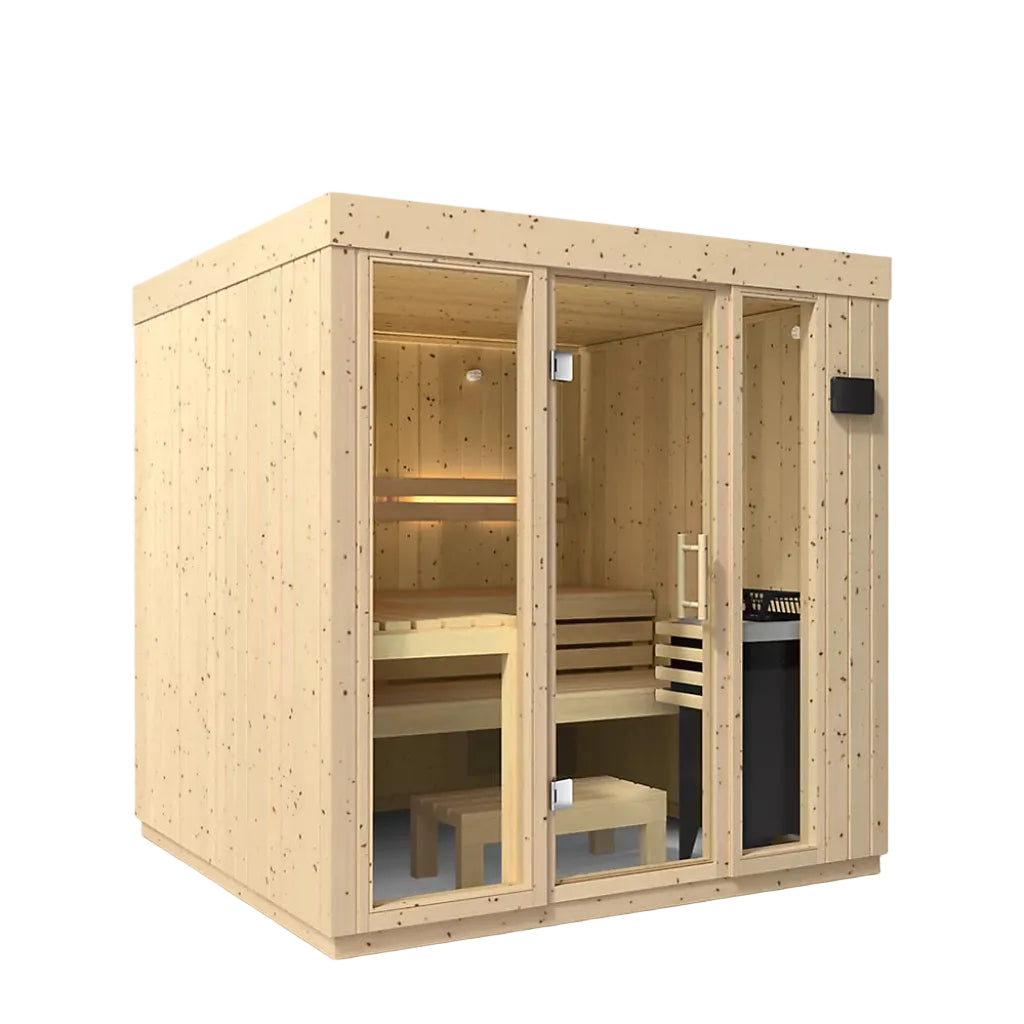 Kohler C1 5-person indoor traditional sauna without floor angled view