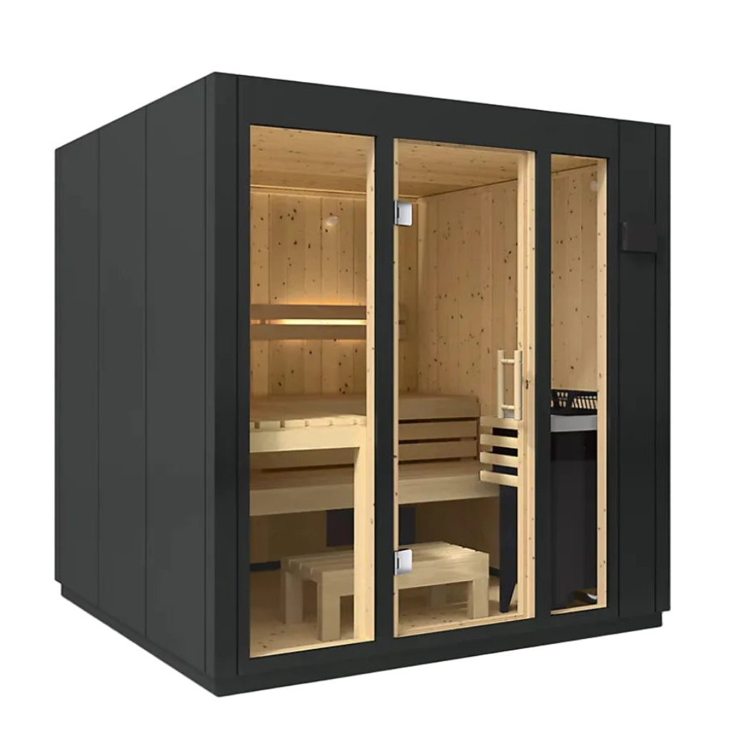 Kohler C1 5 person indoor sauna with floor-angled view