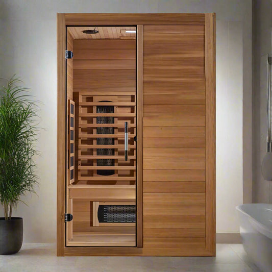 Cedar sauna with tempered glass door in a bathroom