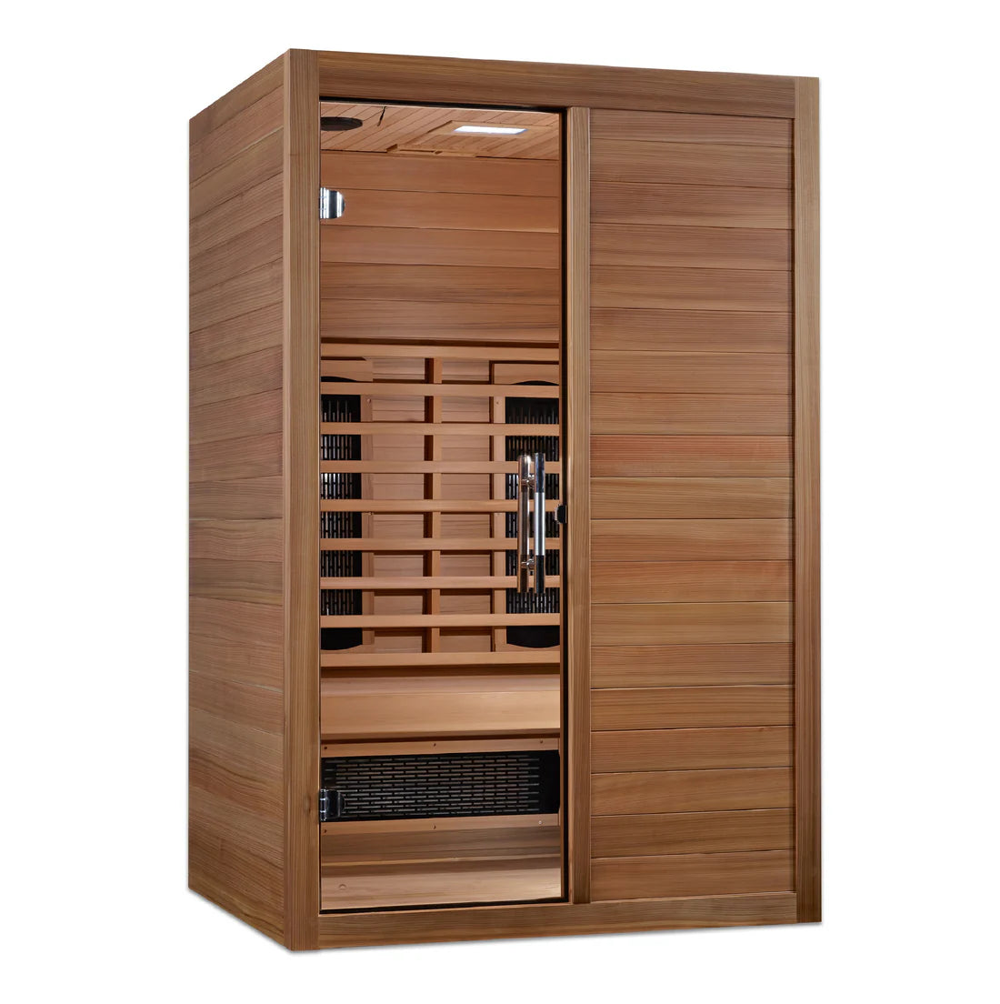 Wooden sauna with closed door on a white background