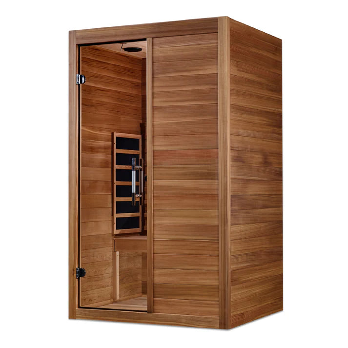 Wooden sauna with closed door on a white background