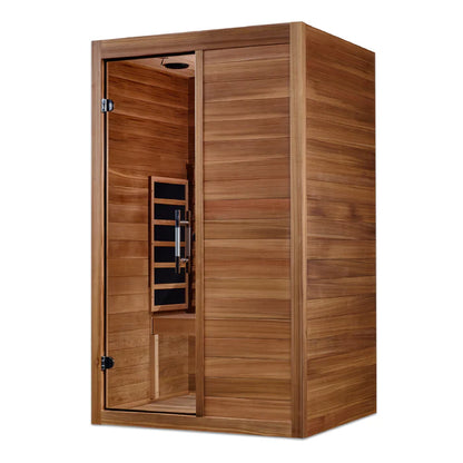 Wooden sauna with closed door on a white background