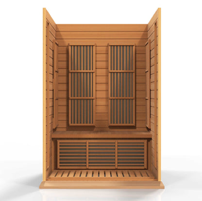 Maxxus Saunas 2 Person Low EMF FAR Infrared Canadian Red Cedar Sauna MX-K206-01 CED Interior on white background
