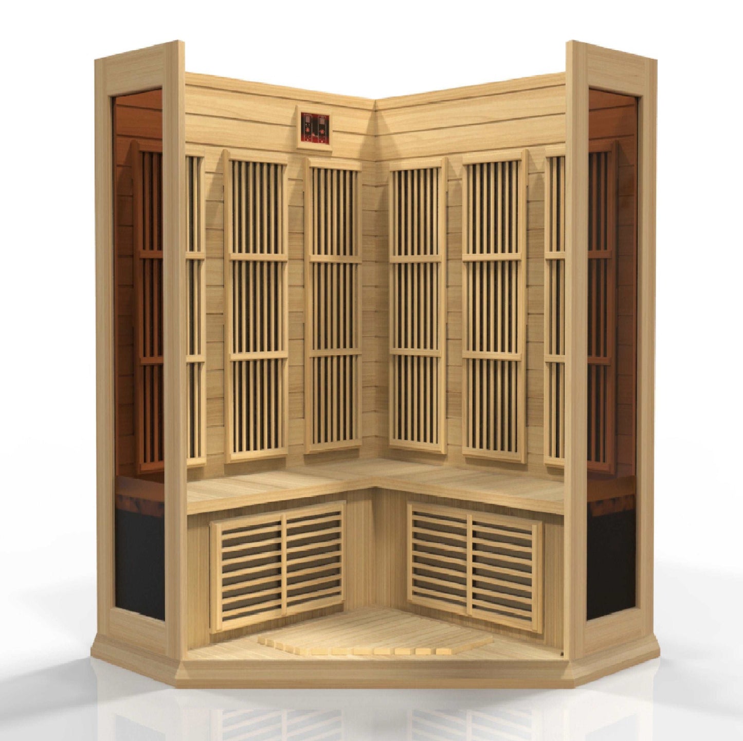 Maxxus 3 Person Corner Low EMF FAR Infrared Sauna MX-K356-01 Interior on a white background