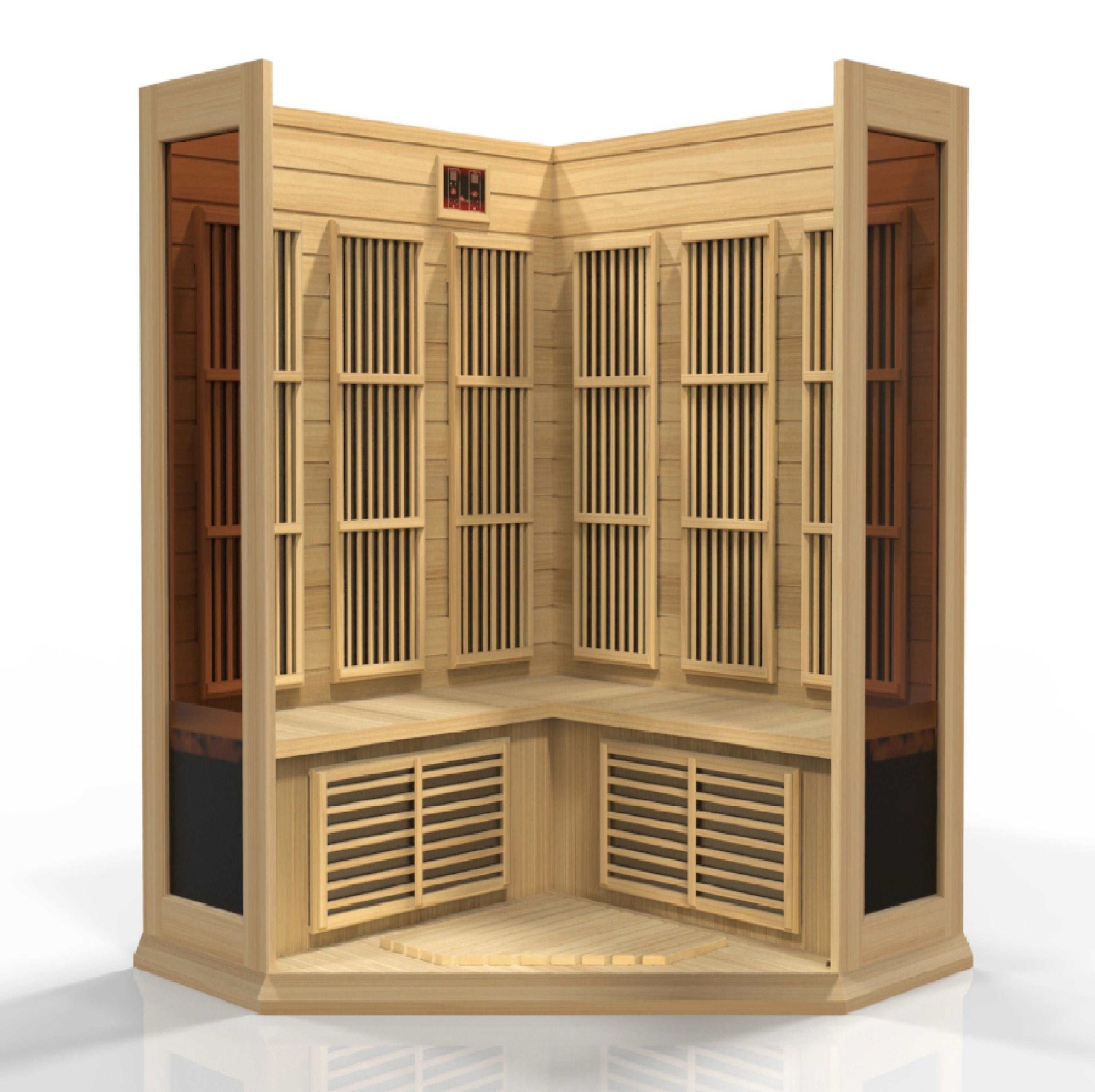 Maxxus 3 Person Corner Low EMF FAR Infrared Sauna MX-K356-01 Interior on a white background
