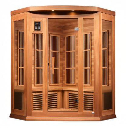 Maxxus 3 Person Corner Near Zero EMF FAR Infrared Canadian Red Cedar Sauna MX-K356-01-ZF CED Front View