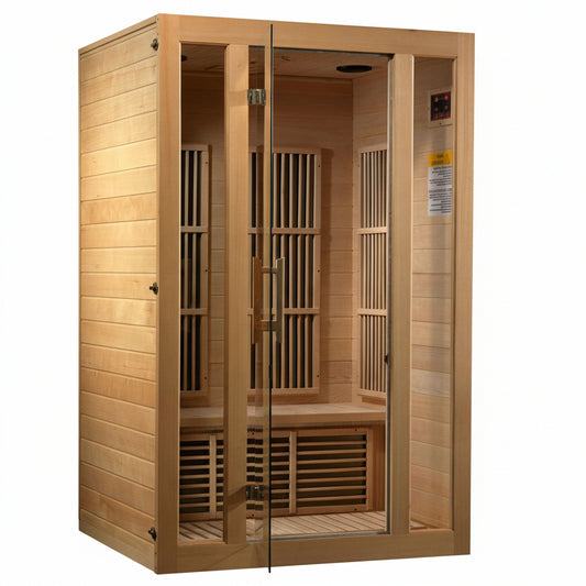 A Maxxus Seattle 2 Person Low EMF Far Infrared Sauna made of Hemlock wood with a glass door and side windows, featuring an interior bench and heating panels.