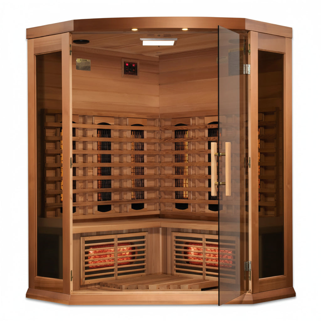 Maxxus 3 Person Red Cedar Full Spectrum Corner Infrared Sauna, MX-M356-01-FS CED on white background