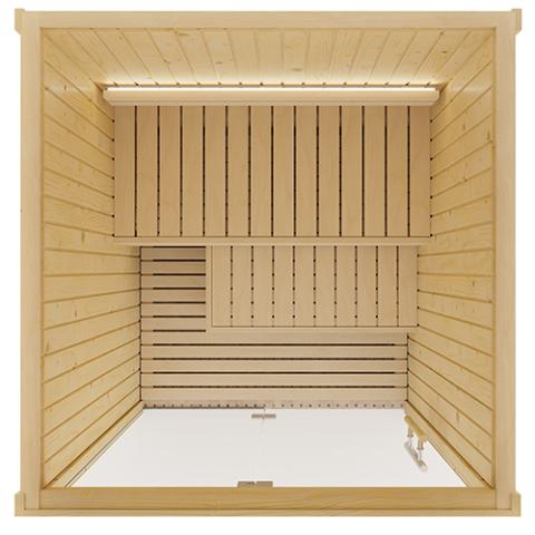 Overview of interior of indoor traditional sauna