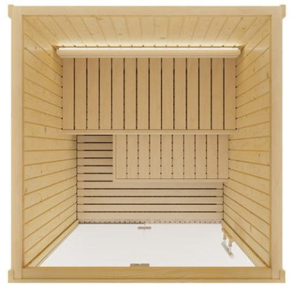 Overview of interior of indoor traditional sauna