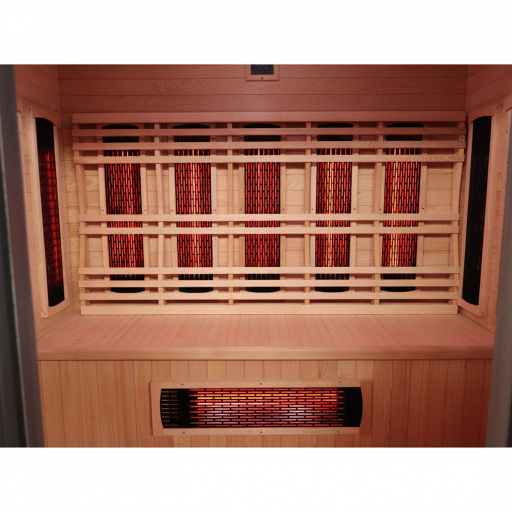 Infrared sauna with wooden interior and heating elements.