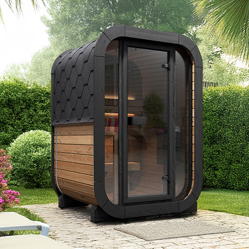2 person outdoor traditional sauna in a backyard
