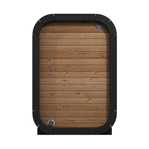 Rear view of a 2 person outdoor traditional sauna