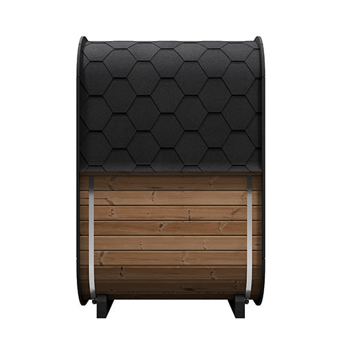 side view of a two person outdoor traditional sauna