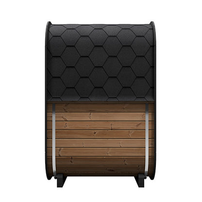 side view of a two person outdoor traditional sauna