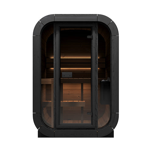 front view of a black outdoor traditional sauna