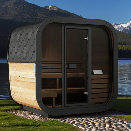 Traditional outdoor sauna on the grass next to an alpine lake