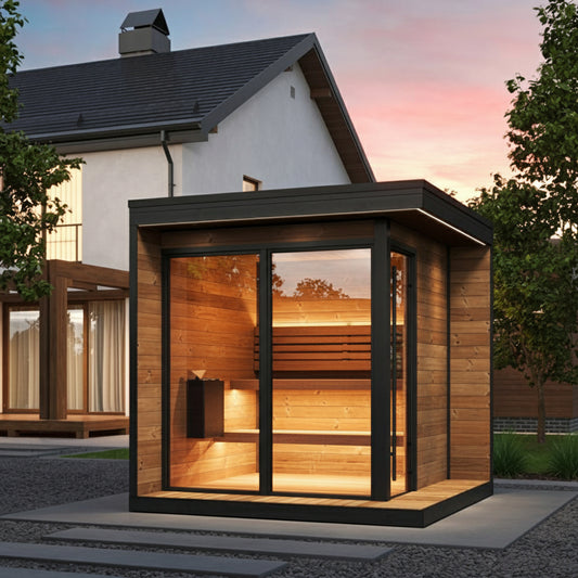 Modern outdoor sauna with wooden exterior and glass doors, set against a house and trees.