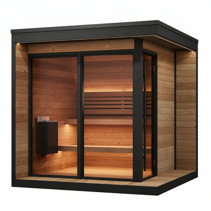 Wooden sauna with black frame on a white background