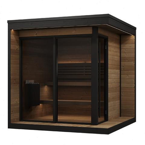 Wooden sauna with black frame on a white background