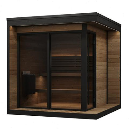 Wooden sauna with black frame on a white background