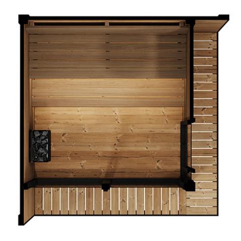 Top view of a wood sauna interior