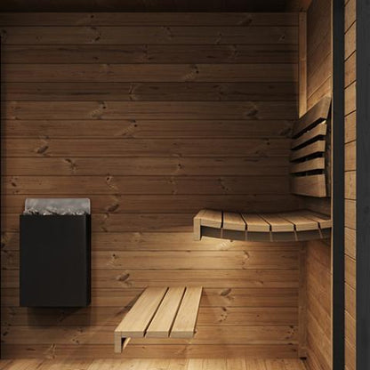 Wooden sauna with benches and a heater on a wooden wall.