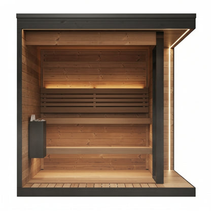 Wooden sauna with black frame on a white background