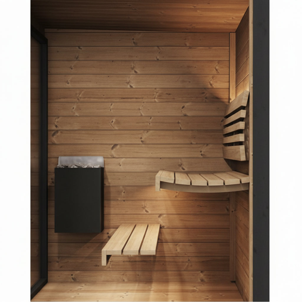 Interior of wooden sauna with benches and a black heater.