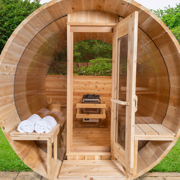 Serenity MP Barrel Sauna with Door Open