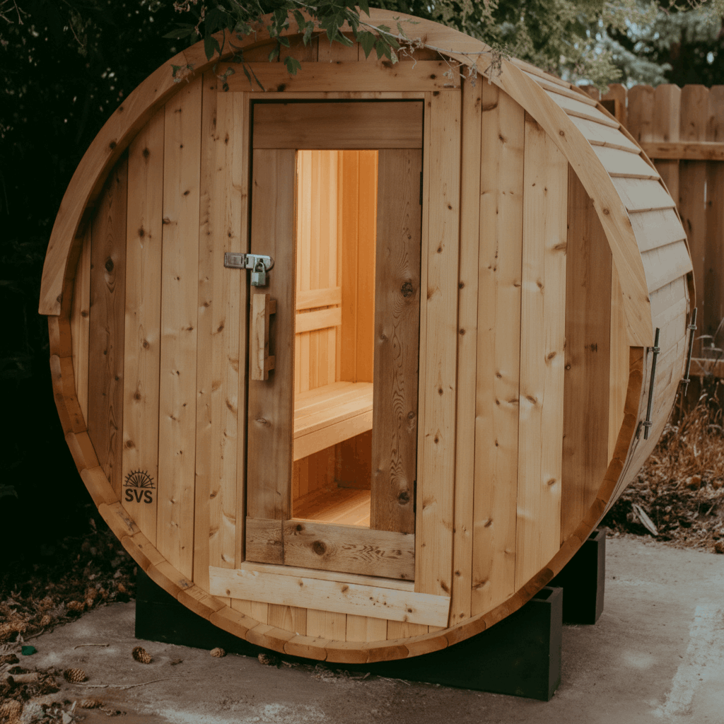 2 Person Sun Valley Saunas Baldy Barrel Sauna With Cedar Roof in backyard