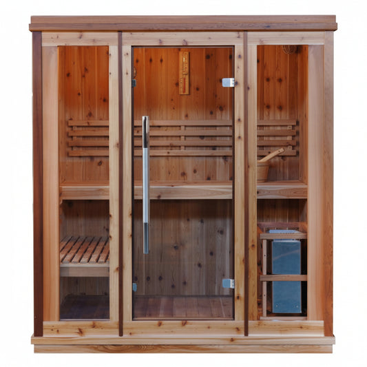 Wooden sauna with glass door on a white background