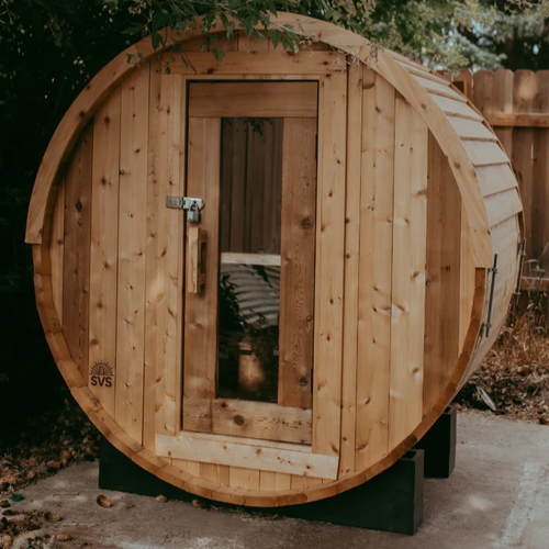 2 Person Sun Valley Saunas Baldy Barrel Sauna With Cedar Roof in backyard