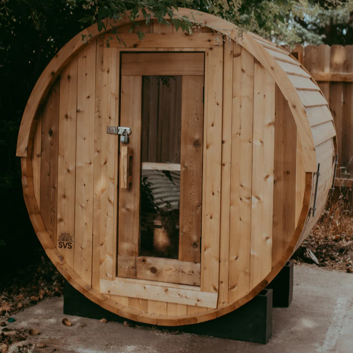 2 Person Sun Valley Saunas Baldy Barrel Sauna With Cedar Roof in backyard