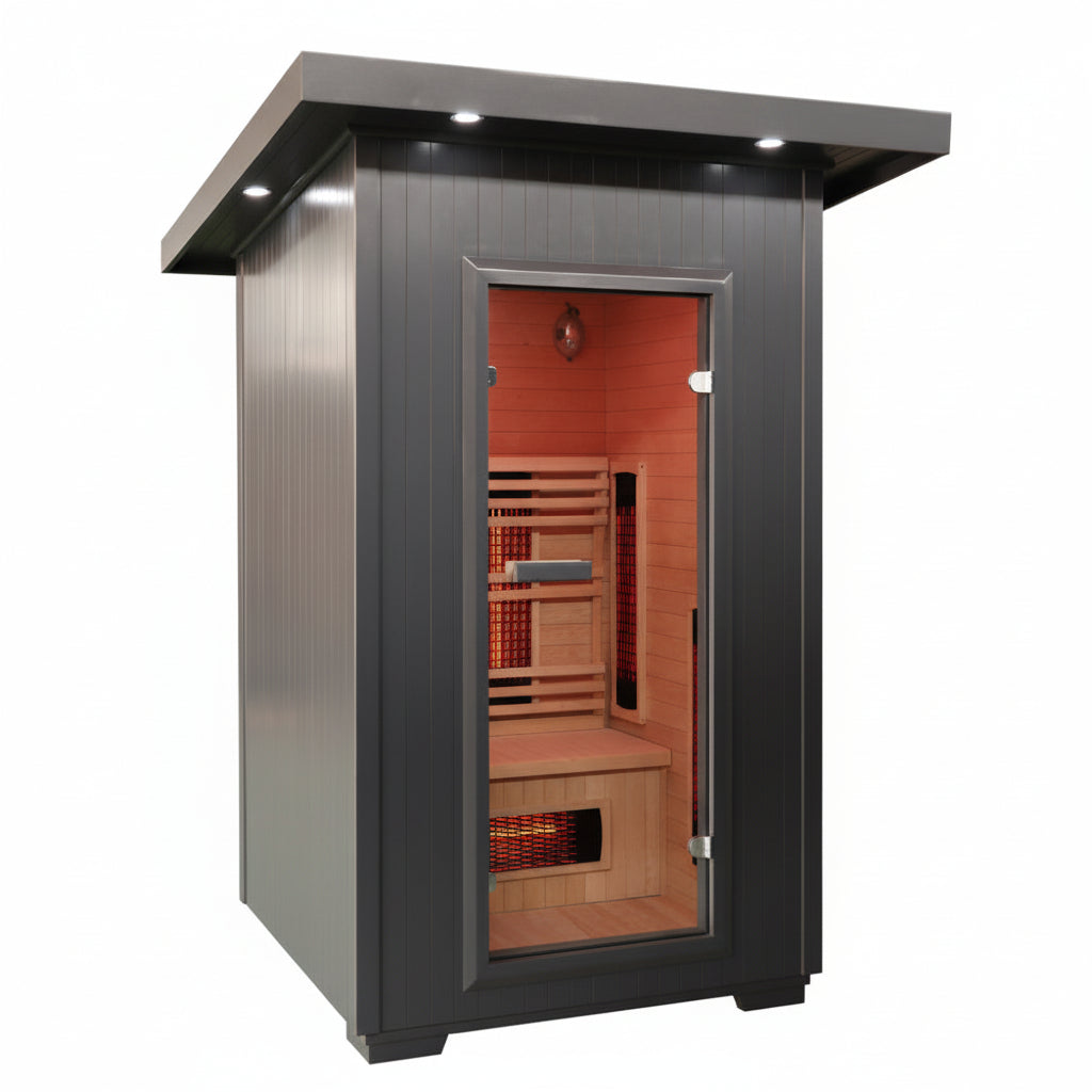 Infrared sauna with wooden interior and metallic exterior on a white background